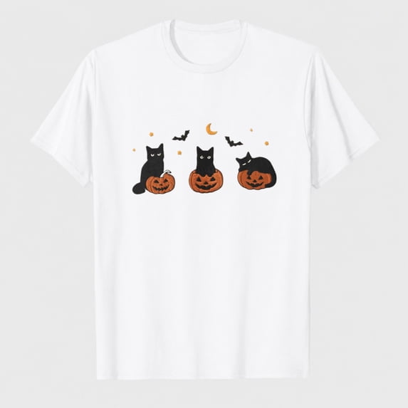 Women's Halloween Black Cat Pumpkin Graphic T-Shirt, Cute 100% Cotton Short Sleeve Shirt