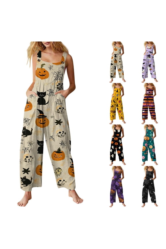 Women's Halloween Black Cat Skull Pumpkin Print Adjustable Strap Bib Overalls Wide Leg Jumpsuit With Pockets Black M