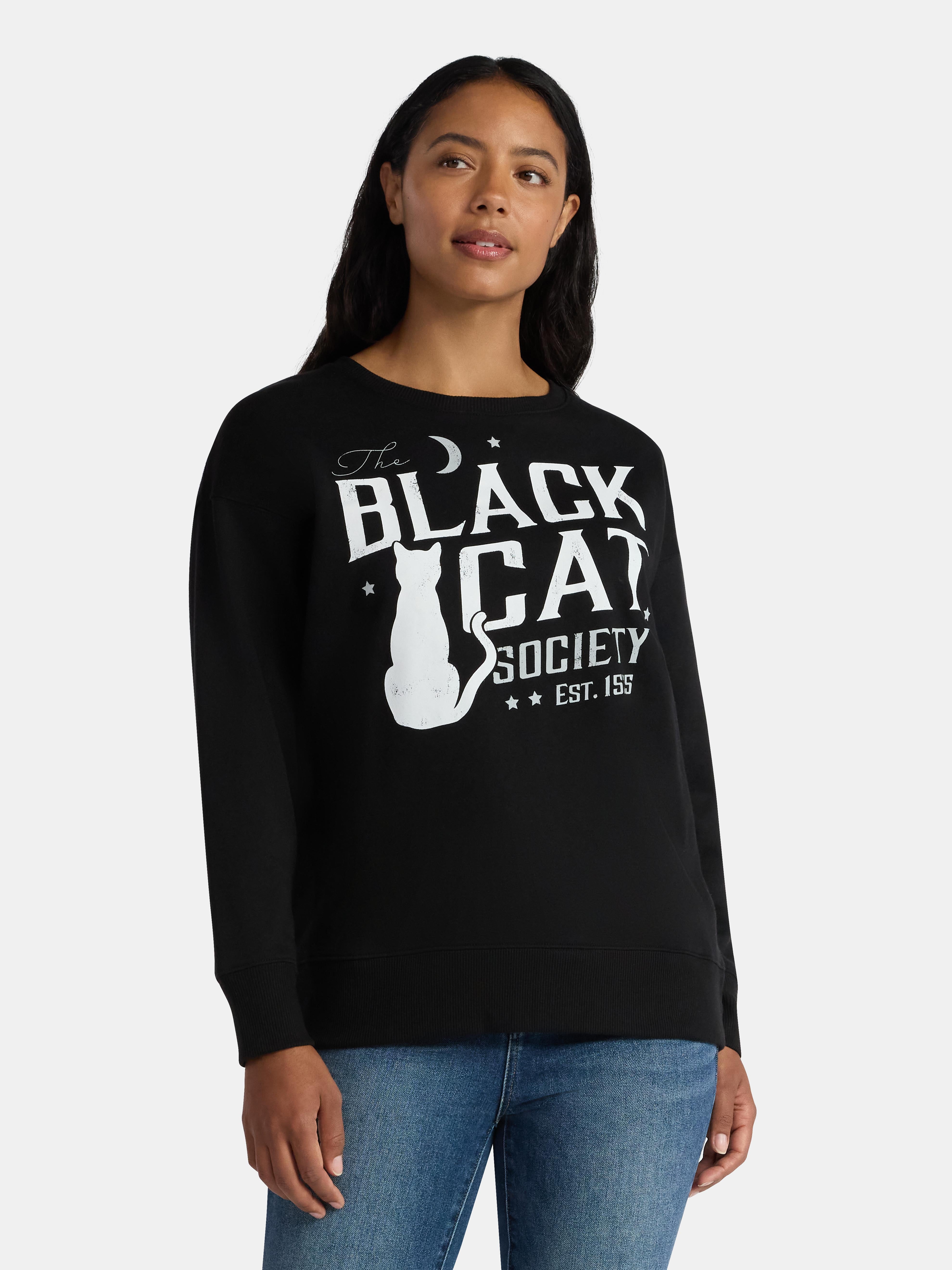 Women's Halloween Black Cat Society Graphic Fleece Sweatshirt from