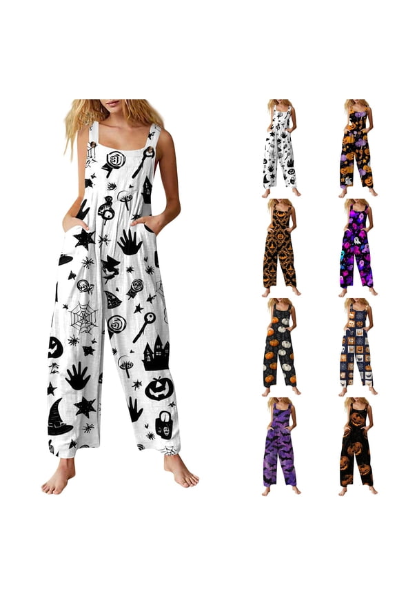 Women's Halloween Black Silhouette Pumpkin Print Adjustable Strap Bib Overalls Wide Leg Jumpsuit With Pockets Orange M
