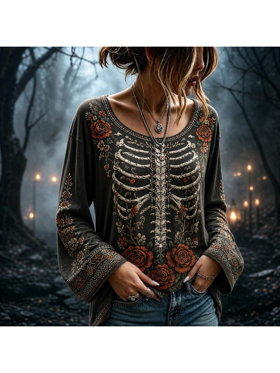Women's Halloween Boho Bell Sleeve Blouse Floral Skeleton Ribcage Skull Print Gothic Crewneck Long Sleeve Top Spooky Season Fall Party Shirt Retro Horror Costume Casual Graphic Top