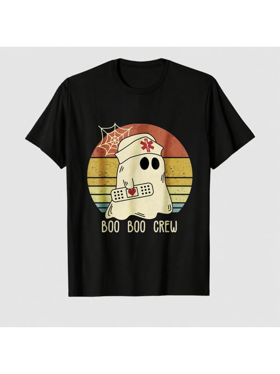 Women's Halloween Boo Boo Crew Ghost Nurse Graphic T-Shirt, 100% Cotton Short Sleeve Shirt