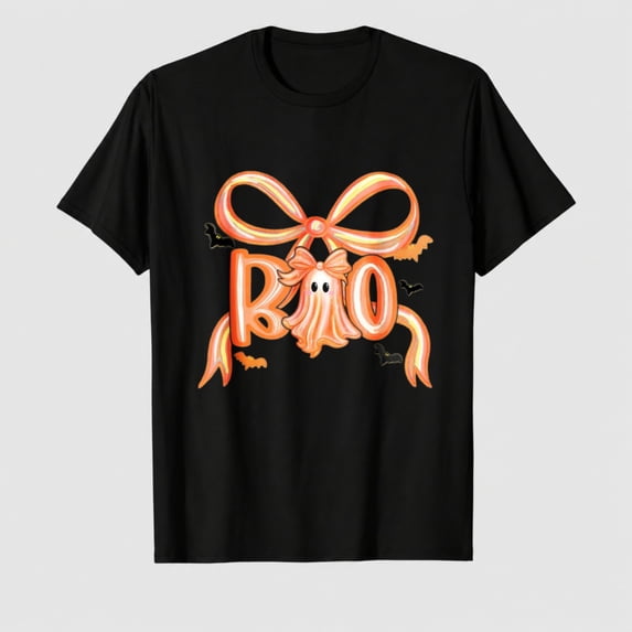 Women's Halloween Boo Bow Graphic T-Shirt, Cute Pumpkin Short Sleeve Shirt