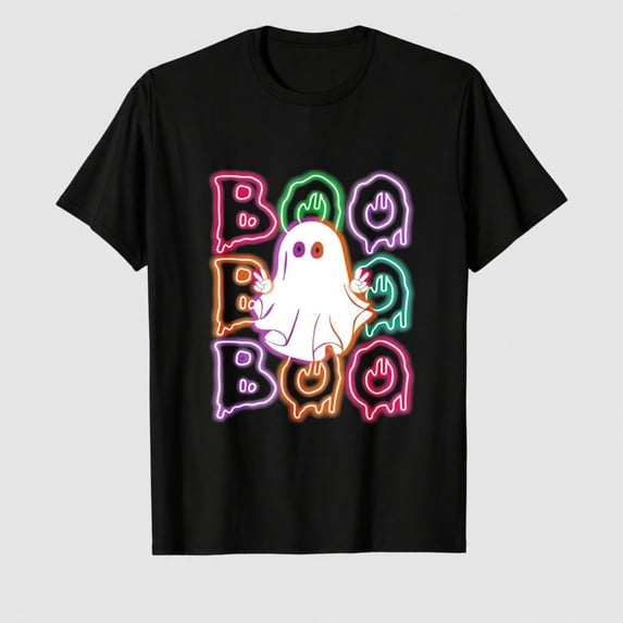 Women's Halloween Boo Ghost Graphic T-Shirt, Colorful Letter Bat Short Sleeve Shirt