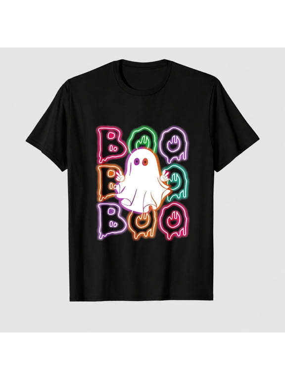 Women's Halloween Boo Ghost Graphic T-Shirt, Colorful Letter Bat Short Sleeve Shirt