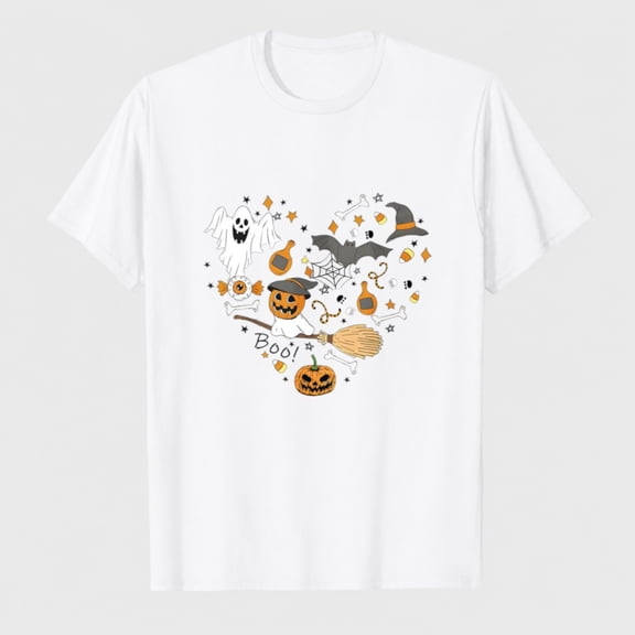 Women's Halloween Boo Ghost Pumpkin Graphic T-Shirt, 100% Cotton Short Sleeve Shirt