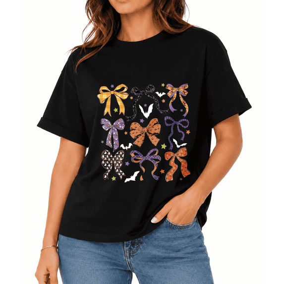 Women's Halloween Bow Bat Graphic T-Shirt, Fall Stars Casual Short Sleeve Tee