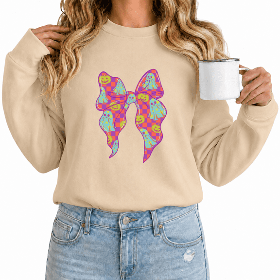 Women's Halloween Bow Ghost Pumpkin Plaid Print Sweatshirt Cheerful Crewneck Pullover Spooky Season Shirt