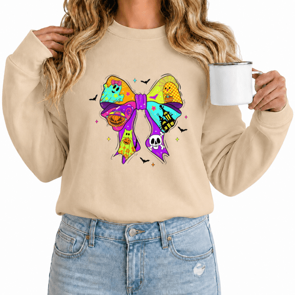 Women's Halloween Bow Graphic Print Sweatshirt Playful Crewneck Casual Pullover Long Sleeve Holiday Wear