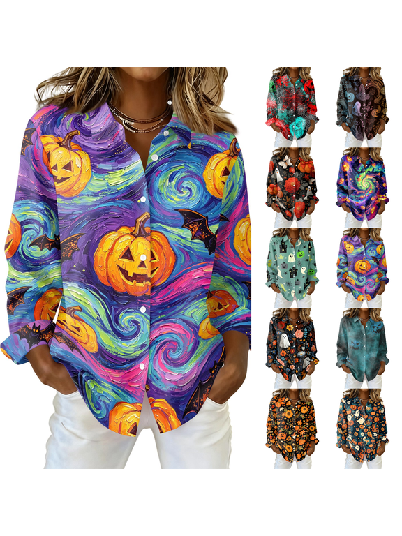 Women's Halloween Button Down Shirt Funny Print Fall Autumn Collared Blouse for Thanksgiving