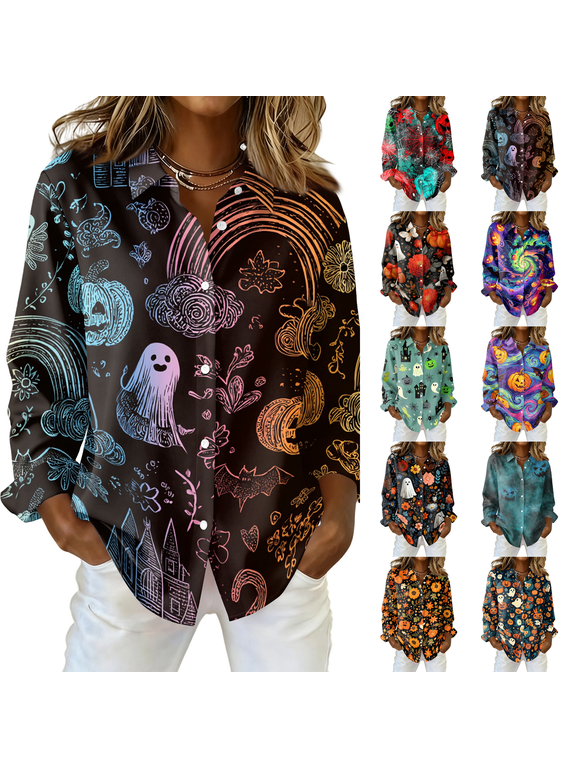 Women's Halloween Button Down Shirt Funny Print Fall Autumn Collared Blouse for Thanksgiving
