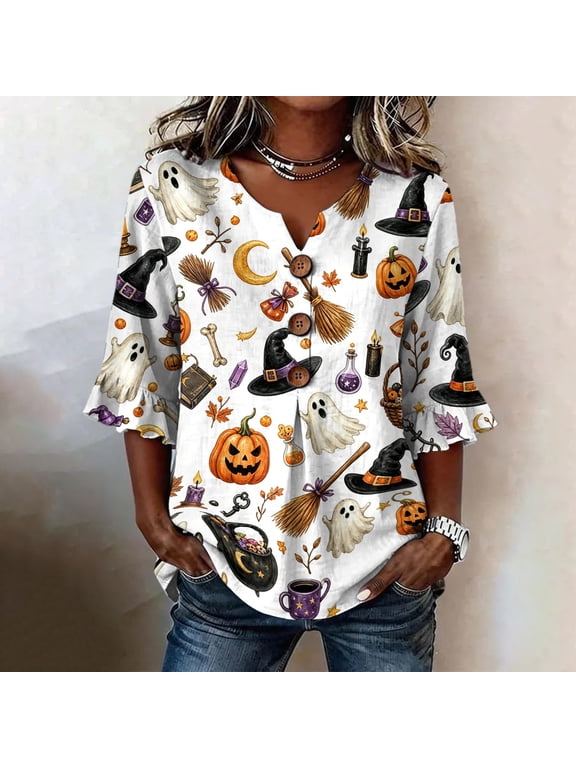Women's Halloween Button V Neck Ruffle 3/4 Sleeve Casual Loose Blouse