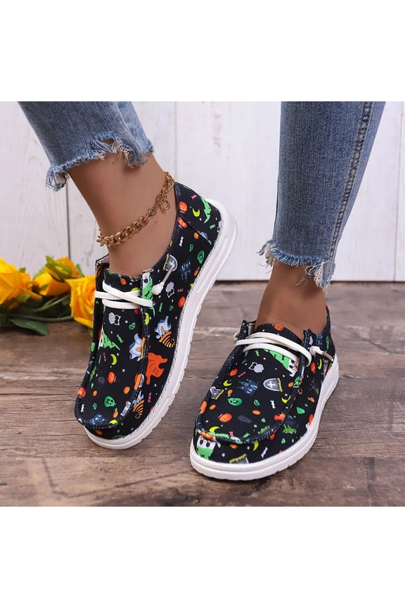 Women's Halloween Canvas Shoes Cute Pumpkin Ghost Print Low Top Sneakers Flat Casual Walking Holiday Flats for Fall Outdoor Daily Wear Lace Up Non Slip Fashion Gift,Green 42(US-8.5)