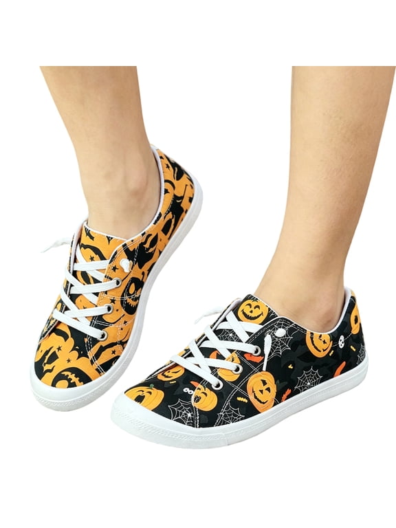 Women's Halloween Canvas Sneakers Low Top Lace Up Flat Shoes, Soft Casual Walking Tennis Shoes with Funny Pumpkin Prints for Daily Wear Outdoor Travel Party Costume 168,Black 41(US-8)