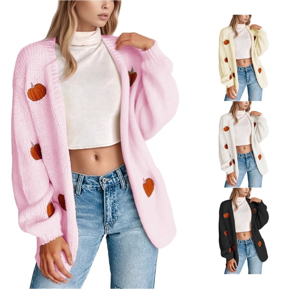 Women's Halloween Cardigan Cozy Embroidered Knit Open Front Long Sleeve Sweater for Fall Fashion Top Pink XL