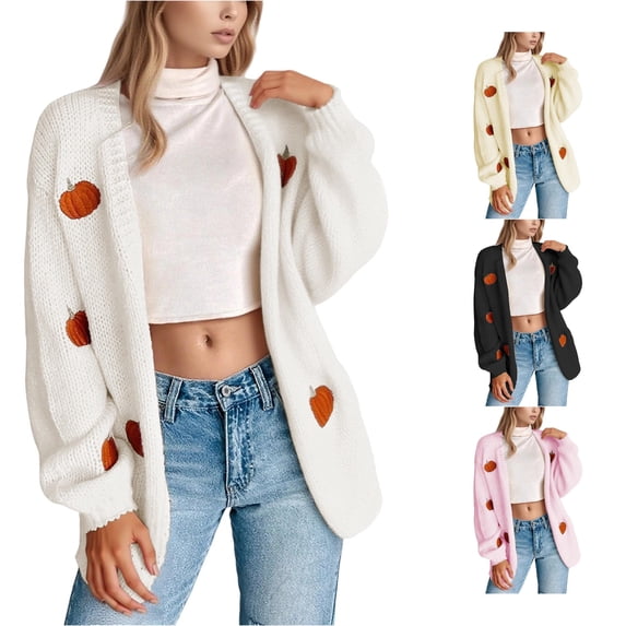 Women's Halloween Cardigan Cozy Embroidered Knit Open Front Long Sleeve Sweater for Fall Fashion Top White XL