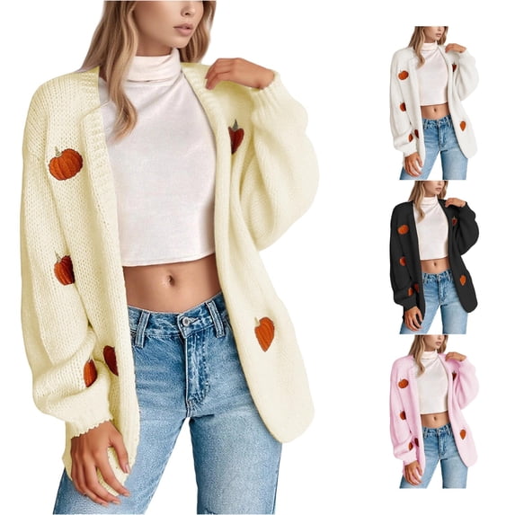 Women's Halloween Cardigan Cozy Embroidered Knit Open Front Long Sleeve Sweater for Fall Fashion Top Yellow M