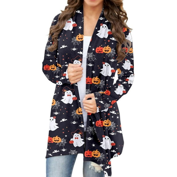 Women's Halloween Cardigan Long Sleeve Knit Sweater Casual Fall Winter Tops Cozy Mid Length Printed Open Front Jacket