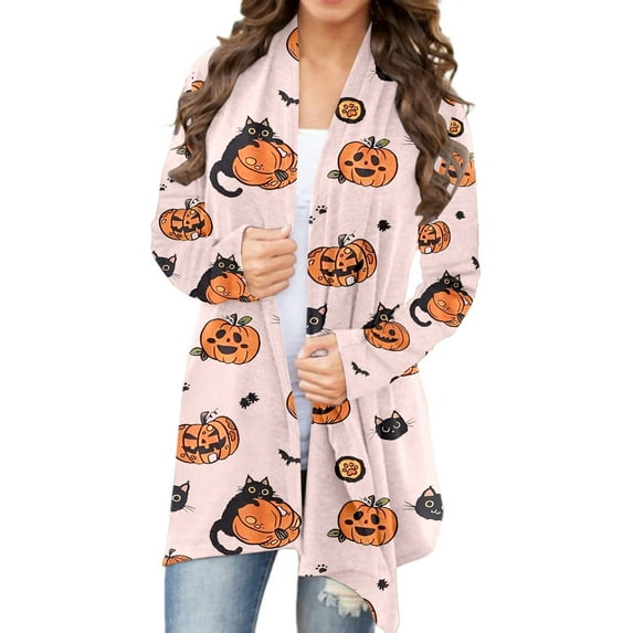 Women's Halloween Cardigan Long Sleeve Printed Open Front Sweater Casual Fall Winter Knit Top for Daily Wear Outing