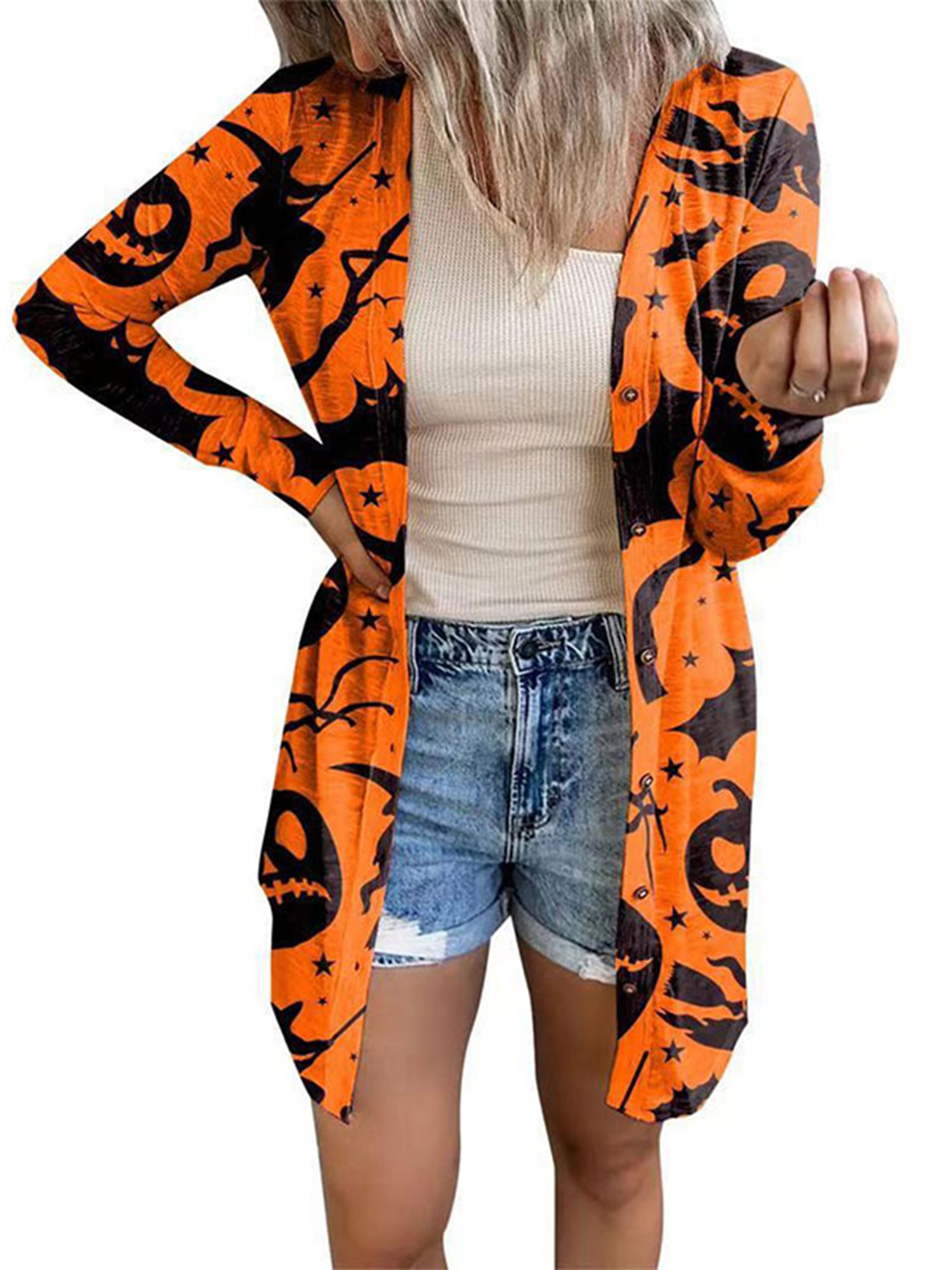 Women's Halloween Cardigan Sweater Skull Pumpkin Black Cat Print