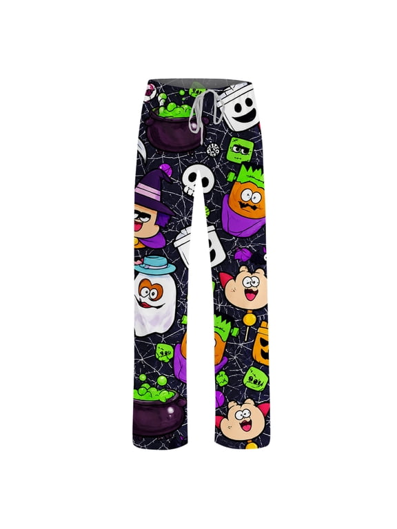 Women's Halloween Cartoon Character Print Lounge Pants Drawstring Elastic Waist Loose Casual Sleep Pants For Home Wear S