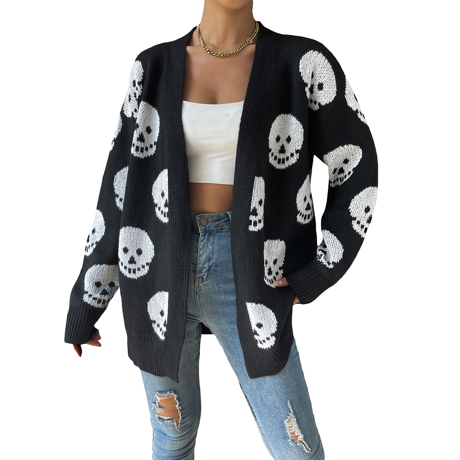 Women's Halloween Casual Knit Cardigan Long Sleeve Open Front Skull