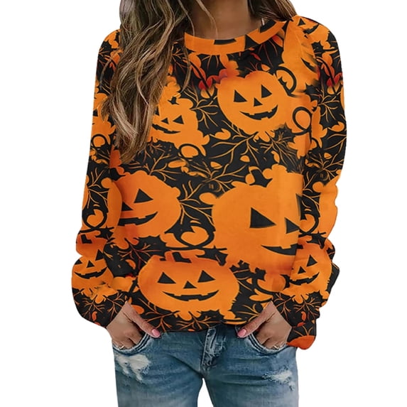 Women's Halloween Casual Pullover Long Sleeve Bat/Pumpkin/Witch/Cat Print Loose Sweatshirt