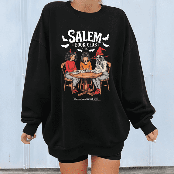 Women's Halloween Casual Salem Book Club Graphic round-neck long-sleeved cotton Fashion comfortable black S-3XL