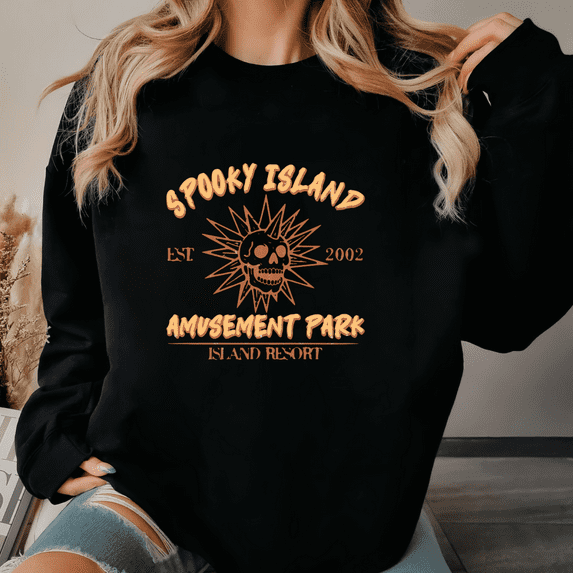 Women's Halloween Casual Spooky Island Graphic round-neck long-sleeved Fashion cotton black S-3XL