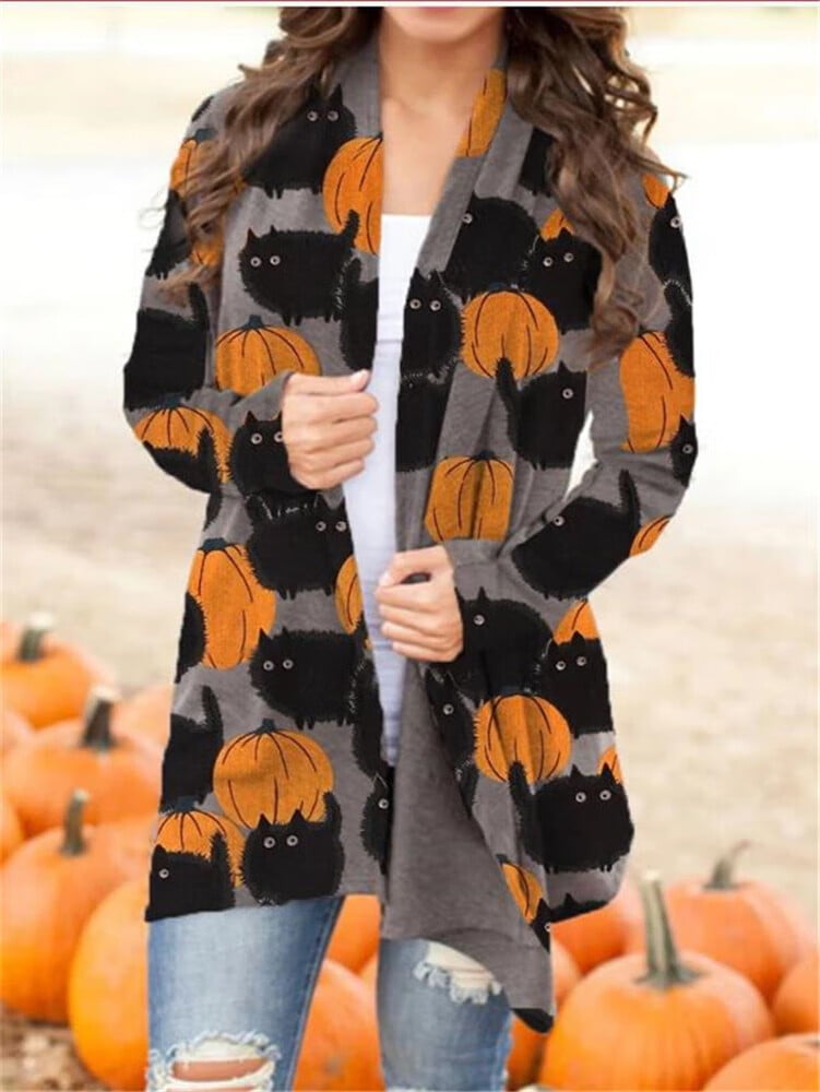 Women s Halloween Cat Pumpkin Cardigan Long Sleeve Open Front Knit