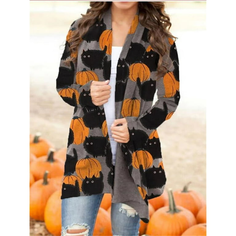 Women s Halloween Cat Pumpkin Cardigan Long Sleeve Open Front Knit