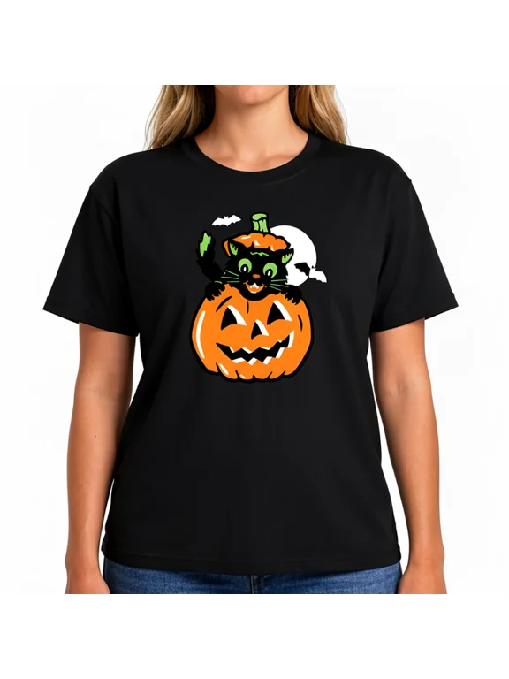 Women's Halloween Cat Pumpkin Graphic T-Shirt, Cute Short Sleeve Crewneck Spooky Season Tee