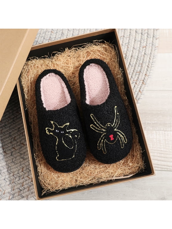 Women's Halloween Cat Spider Plush Slippers, Asymmetric Spooky Theme Fuzzy Warm Closed Toe House Clogs With Comfort Memory Foam Insole Silent Non Slip Holiday Bedroom Shoe,Black 5.5