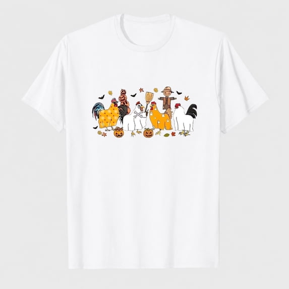 Women's Halloween Chicken Pumpkin Graphic T-Shirt, 100% Cotton Short Sleeve Shirt