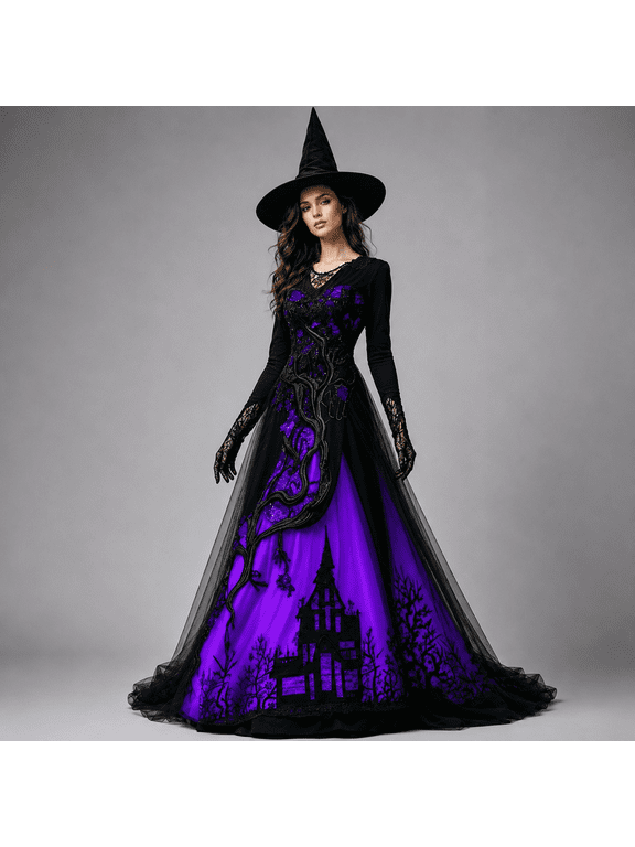 Women's Halloween Chiffon Lace Long Dress Round Neck Long Sleeve Hollow Out Lace Maxi Dress Gothic Party Witch Costume Dress For Women