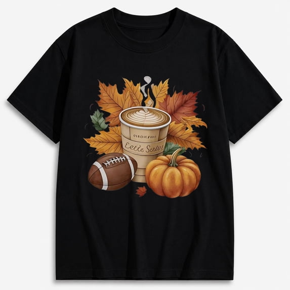 Women's Halloween Coffee Football Pumpkin Autumn Leaves Graphic T-Shirt