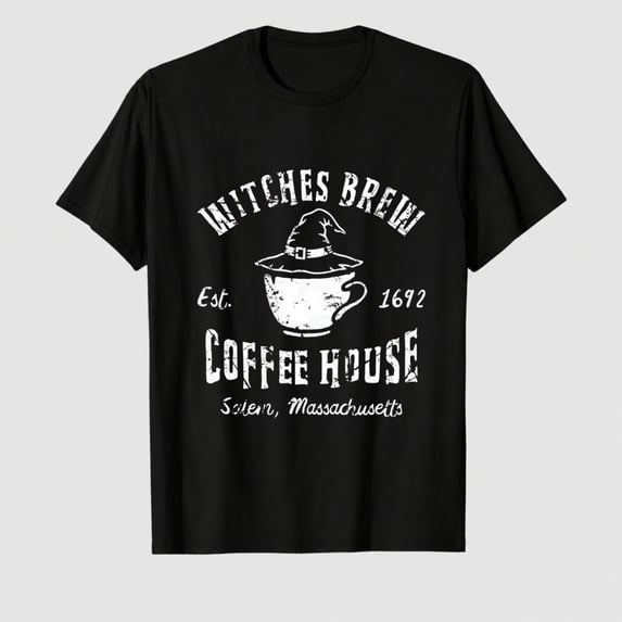 Women's Halloween Coffee House Witch Hat Graphic T-Shirt, 100% Cotton Short Sleeve Shirt