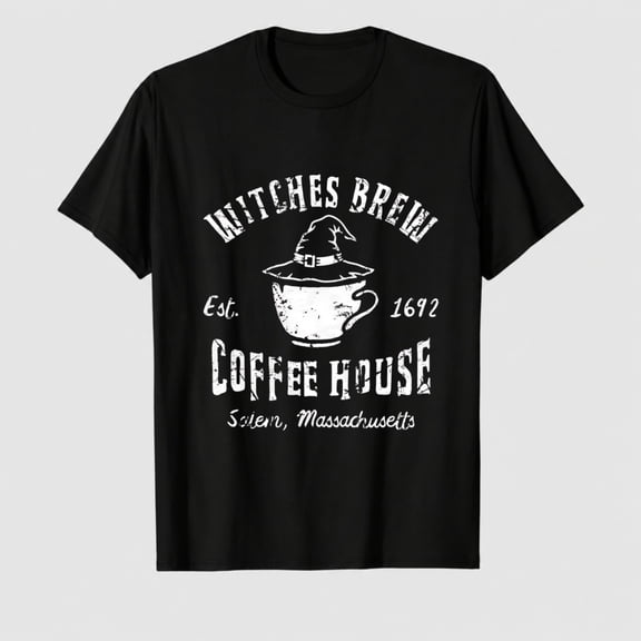 Women's Halloween Coffee House Witch Hat Graphic T-Shirt, 100% Cotton Short Sleeve Shirt