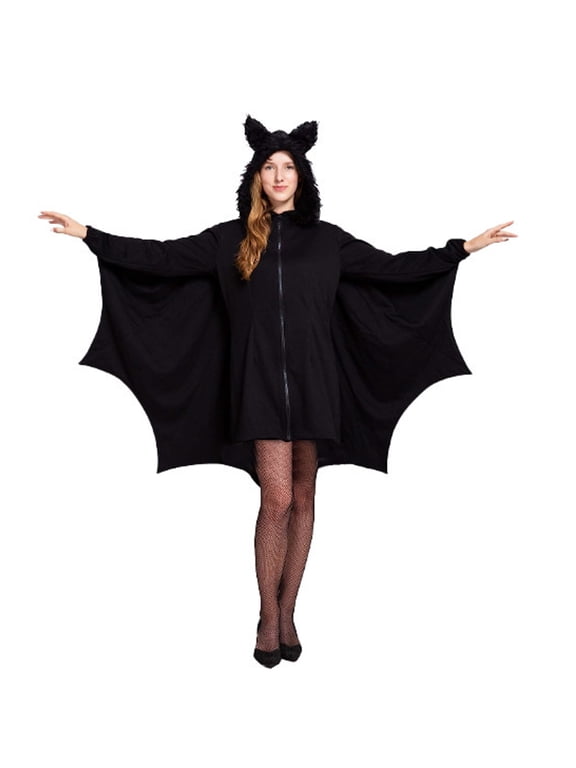 Women's Halloween Costume, Black Comfy Bat Zip Hoodie