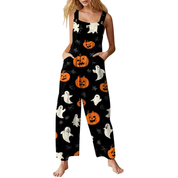 Women's Halloween Costume Jumpsuit Loose Fit Wide Leg Romper Overalls with Pockets, Happy Halloween Fall Harvest Festival Party Outfit 3XL
