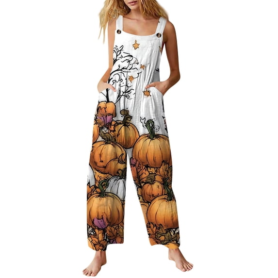 Women's Halloween Costume Jumpsuit Loose Fit Wide Leg Romper Overalls with Pockets, Happy Halloween Fall Harvest Festival Party Outfit M