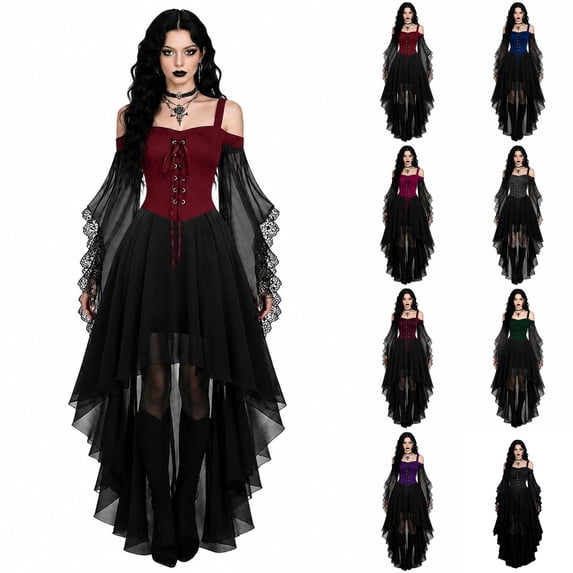 Women's Halloween Dressess Long Gothic Dress, Witch Costume Vampire Renaissance Butterfly Sleeve Mesh Party Retro Costumes