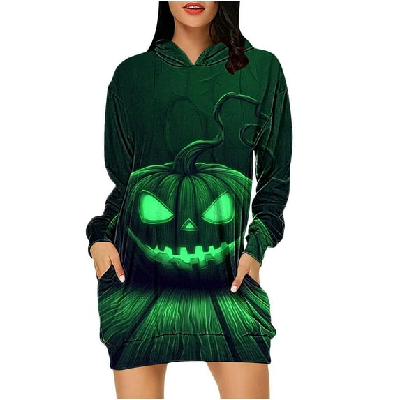 Women's Halloween Costumes Pumpkin Graphic Hoodie V Neck Long Sleeve Midi Dress Punk Vintage Y2K Dresses