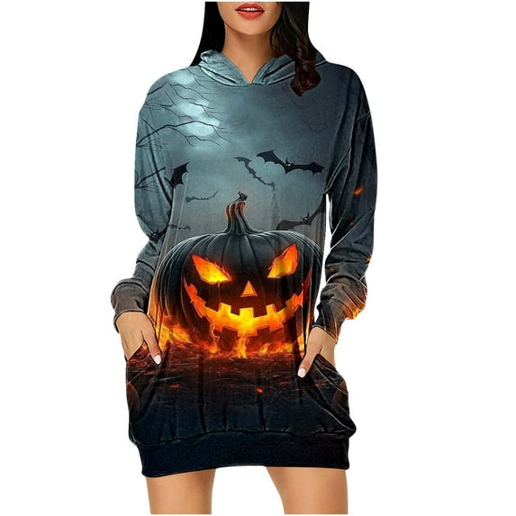 Women's Halloween Costumes Pumpkin Graphic Hoodie V Neck Long Sleeve Midi Dress Punk Vintage Y2K Dresses
