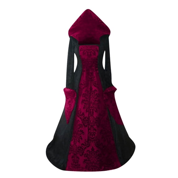 Women's Halloween Costumes, Renaissance Gothic Dress, Vintage Long Sleeve Hooded Maxi Dress with Lace Up Waist and Flared Hem, Medieval Costume Gown for Halloween Cosplay