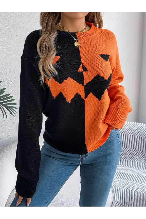 Women's Halloween Crew Neck Color Block Pumpkin Face Long Sleeve Pullover Sweater