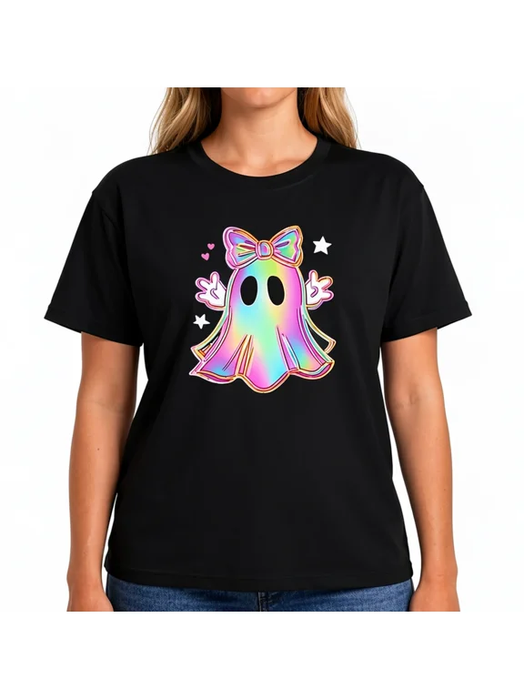 Women's Halloween Cute Ghost Bow Graphic T-Shirt, Short Sleeve Crewneck Spooky Season Tee