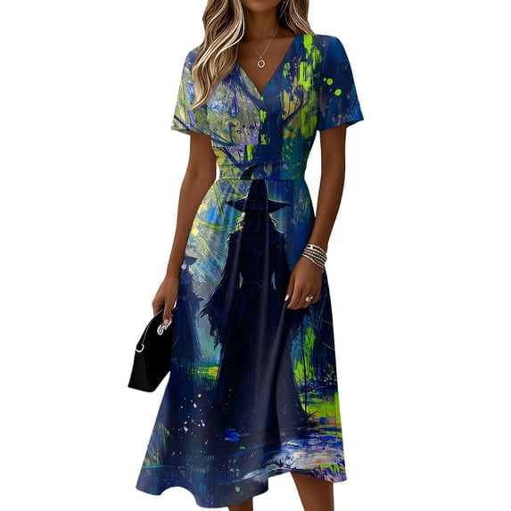 Women's Halloween Dress 2026 - Halloween Print Short Sleeve V-Neck Dress for Casual Party Wear, Halloween Events, Cosplay, Theme Parties Blue B M
