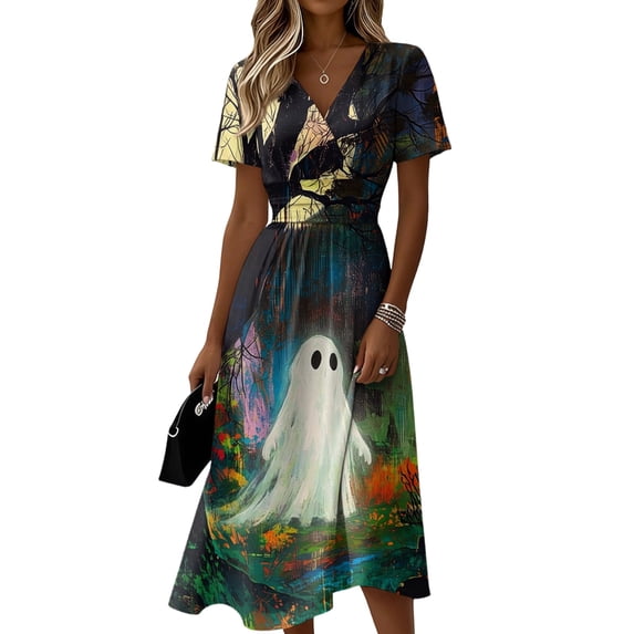 Women's Halloween Dress 2026 - Halloween Print Short Sleeve V-Neck Dress for Casual Party Wear, Halloween Events, Cosplay, Theme Parties Cyan B 3XL
