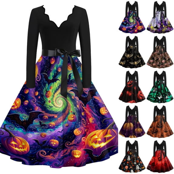 Women's Halloween Dress Bat 1950s V-Neck Fashion Swing Dress Bone Cocktail Long Sleeve Novelty Dresses with Belt L